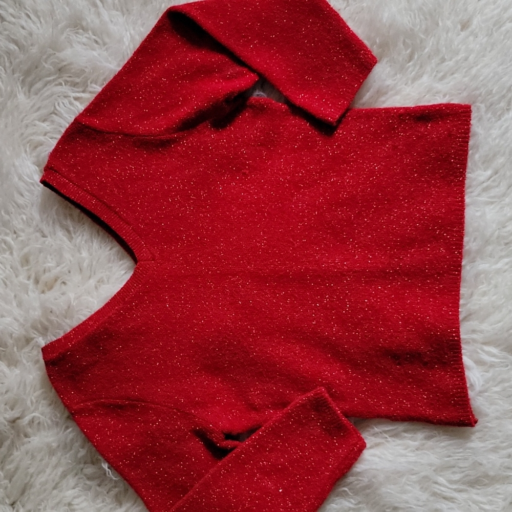 Y2K It's Our Time Fashion Avenue Knit V-Neck Shimmer Knit 3/4 Sleeve Sweater Red